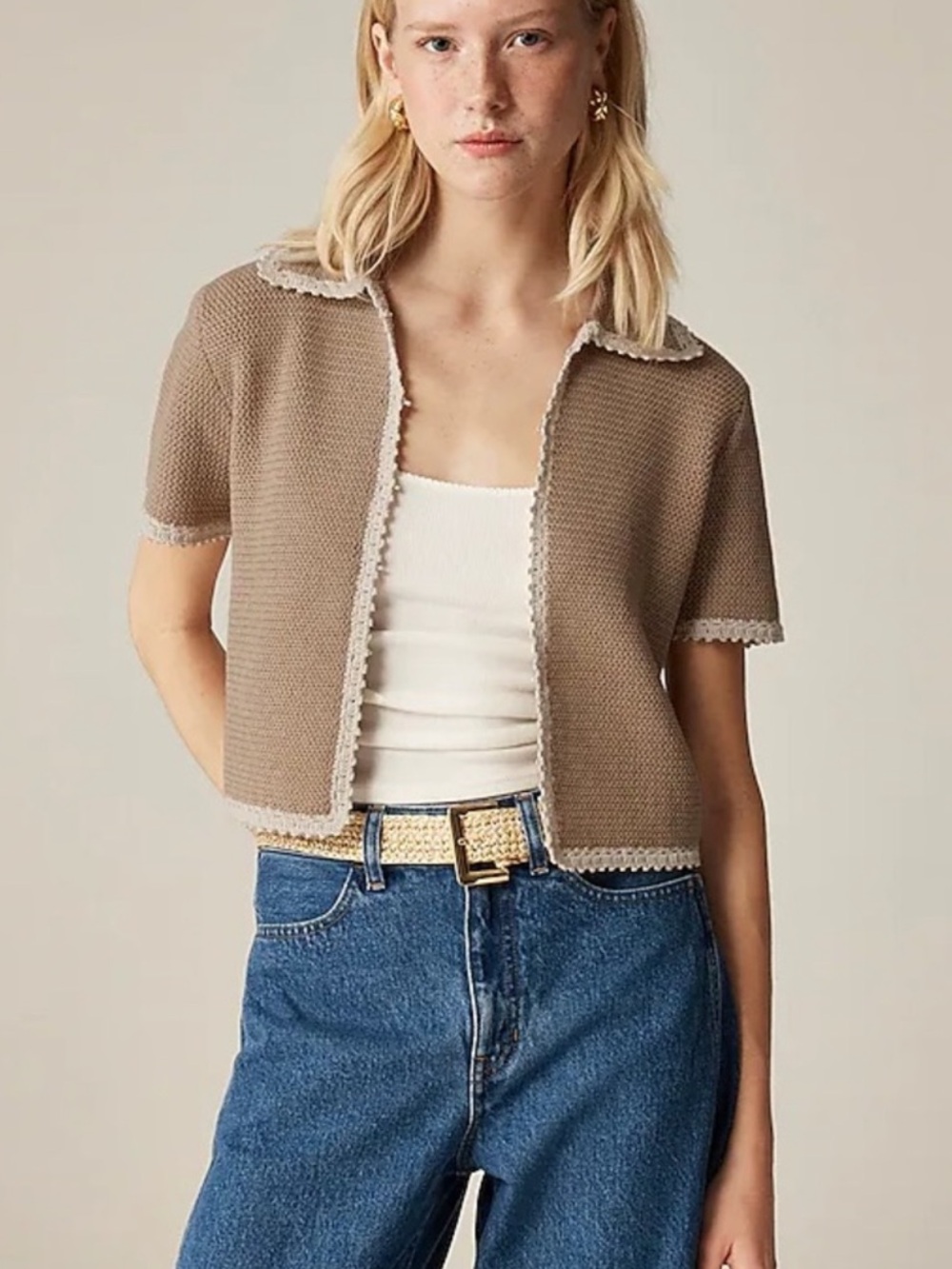 J. Crew Crochet Short Sleeve Cardigan Top Taupe Cream Size 2X